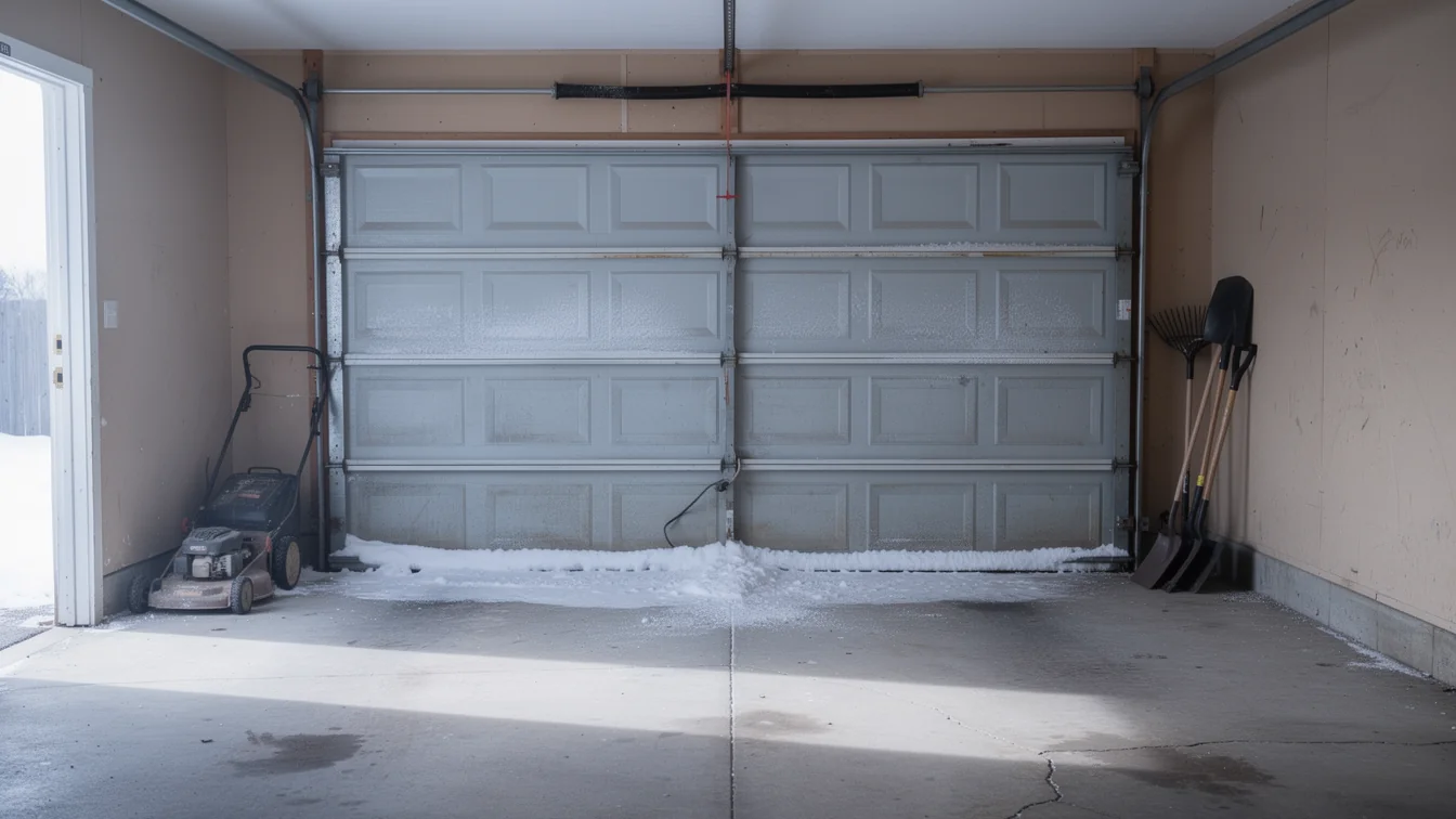 A closed gray garage door has snow and ice on the bottom.
