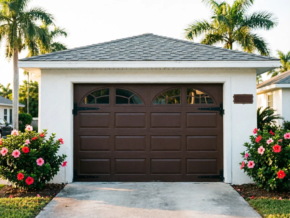 A brown garage door with decorative windows and hardware on a white garage.
