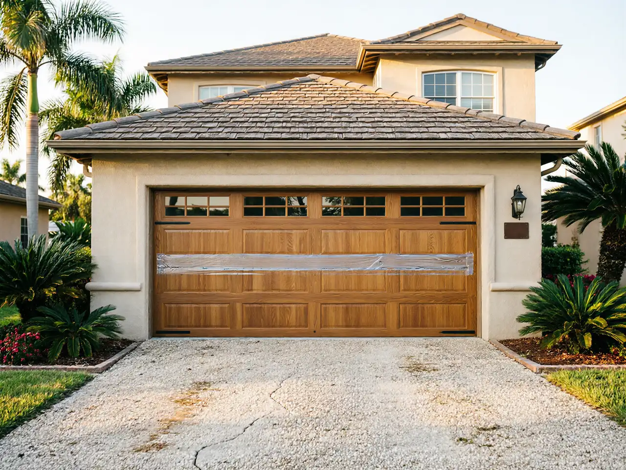 A house with a wooden garage door and a clear plastic covering.