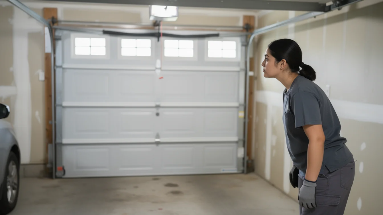 A technician in a gray shirt and gloves looks at a white garage door.