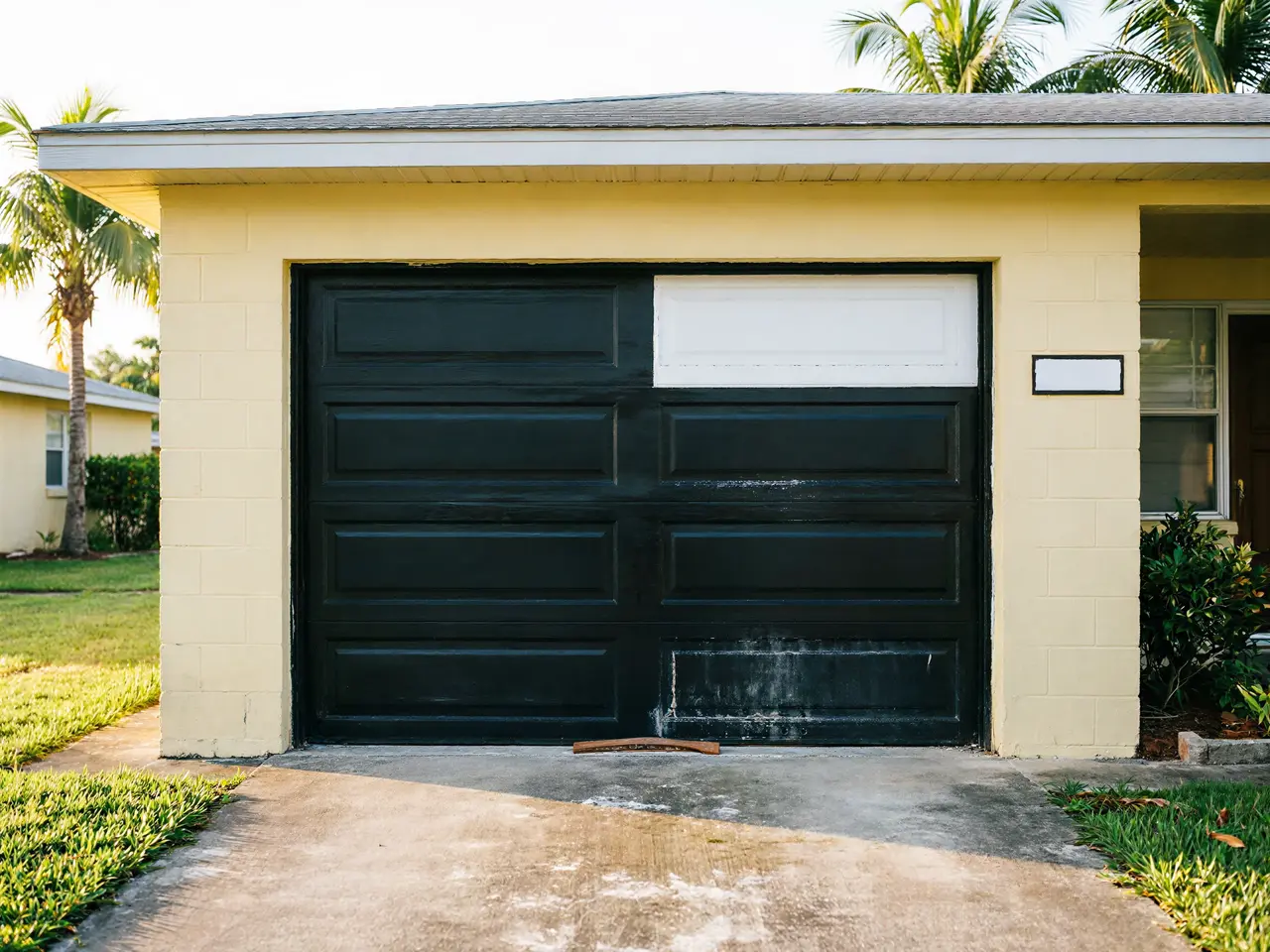A dark green garage door is missing a top panel.