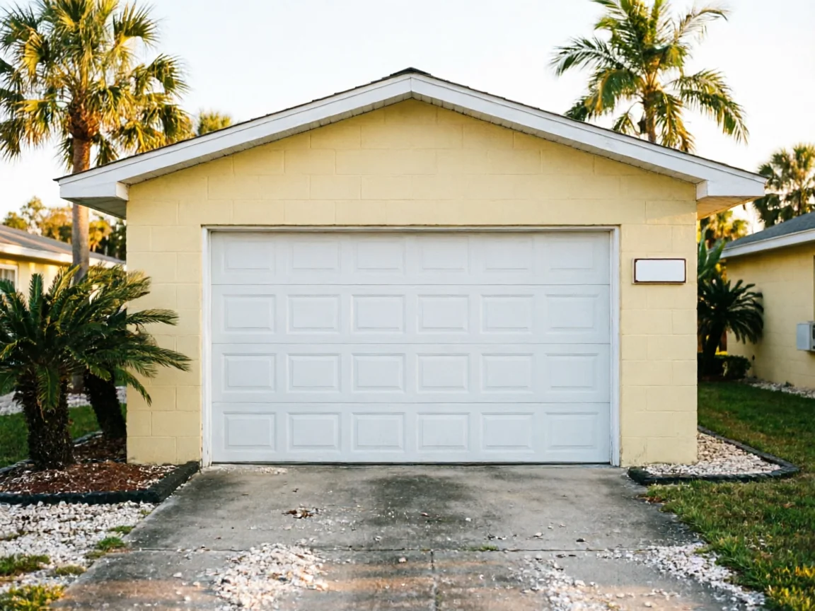 A white garage door is on a yellow house with palm trees.