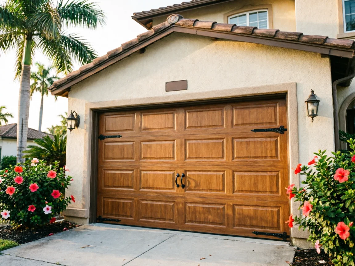 A brown paneled garage door with decorative hardware on a house with palm trees.